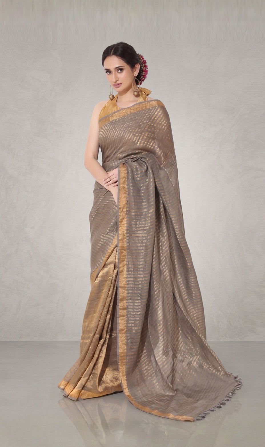 GREY AND GOLD STRIPE SAREE
