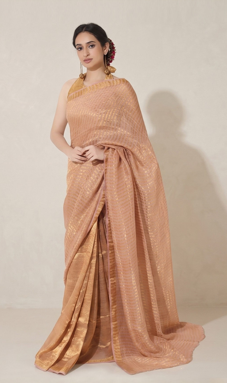 DUSTY ROSE AND GOLD STRIPES SAREE