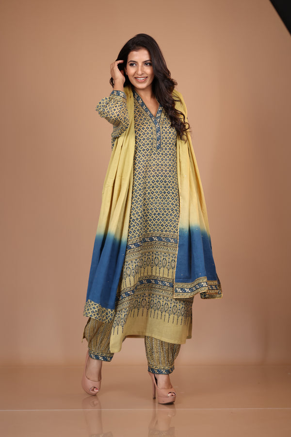 MUSTARD AJRAKH STRAIGHT SET