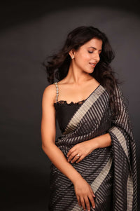 BLACK AND SILVER STRIPE HAND WOVEN SAREE