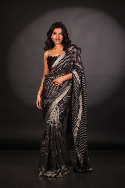 BLACK AND SILVER STRIPE HAND WOVEN SAREE