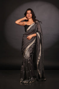 BLACK AND SILVER STRIPE HAND WOVEN SAREE