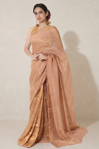 DUSTY ROSE AND GOLD STRIPES SAREE