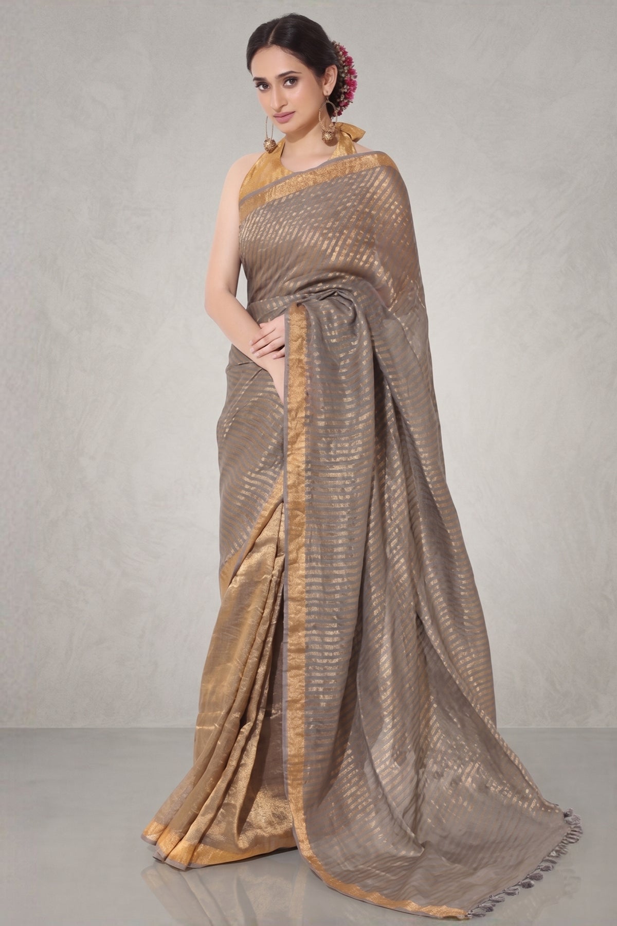 GREY AND GOLD STRIPE SAREE